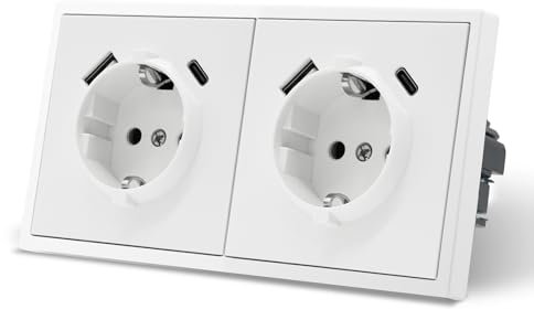 MVAVA Socket with USB C EU Standard Double Flush-Mounted Socket Easy Installation 80 mm x 150 mm Sockets 3-Wire Required White