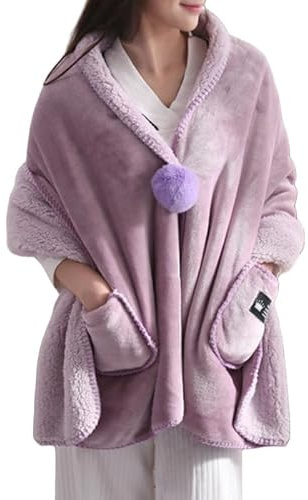 LIUYUYOUGO Scialle Donna,Poncho Da Donna Scialli In Pile Sherpa Multiuso Coperte Indossabili Mantello In Flanella Soffice E Ultra Morbido Con Pompon Sciarpe Calde Cappotto Per Casa Ufficio Scuola Ro