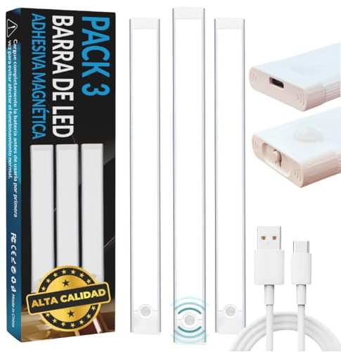 PRIME ESSENTIALS® Luz LED con Sensor de Movimiento Adhesiva I 3 Piezas I 23 Cm 6 Modos de Luz I 40 LEDs Magnética USB Recargable 1000 mAh I Para habitacion Cocina Bajo Mueble Armario