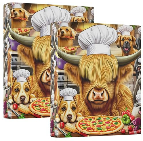 Personalized Cute Highland Cow Chef Animals 1 1/2 Inch 3 Ring Binders Hold 200 Sheets Notebook Folders Round Ring Heavy Duty Binder, 12.4x10.63x2.36inch, 2 Pack