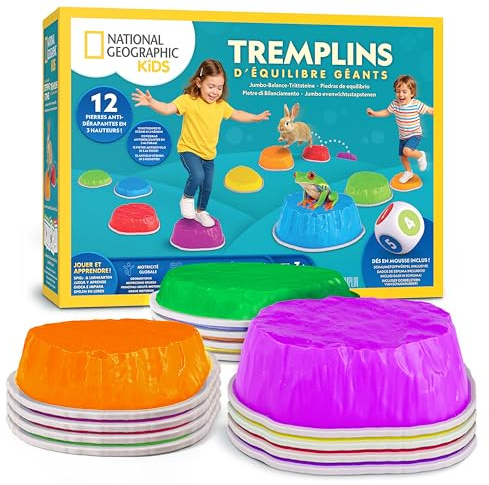 National Geographic Kids Jumbo Balance Stepping Stones – 12 Non-Slip Stepping Stones in 3 Heights with Foam Dice & Play & Learn Cards, Indoor & Outdoor Obstacle Course for Kids Ages 3+