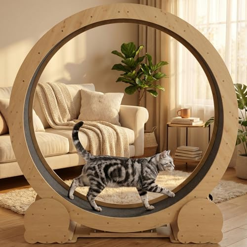 Keygarzone 46 Cat Exercise Wheel for Indoor Cats – Running Treadmill with Felt Track, Perfect for Small & Adult Cats, Natural Wood Color