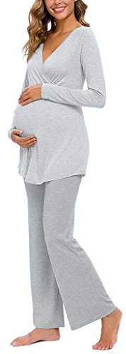 SUNNSEAN Pyjama Femme Enceinte d'Allaitement en Coton Deux Pièces, Vêtements De Nuit Manche Longue Col Rond pour Grossesse et Tout Les Saisons