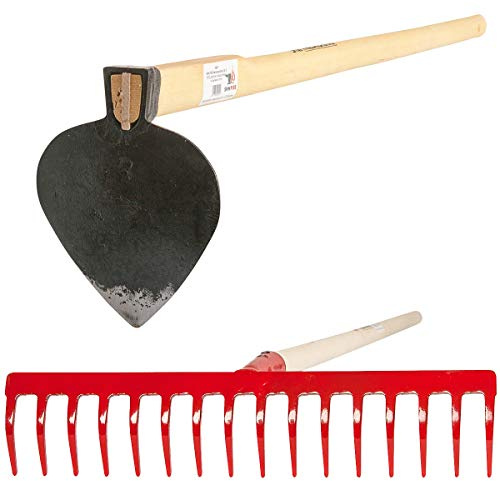 SHW-FIRE Set: Garten Rechen mit 16 Zinken und breite Hacke mit Herzblatt | Für Garten & Bodenbearbeitung | Beete vorbereiten & Erde einebnen | Lockern & Erde verteilen | Ideal für Beete & Pflanzreihen