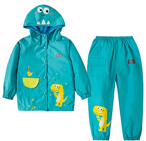 LZH Chicos Impermeable Niños Impermeable Chica con capucha, Chaqueta Pantalones Traje Ligero Conjuntos de 2 piezas, Tamaño Unisex 130/5-6 años, Azul