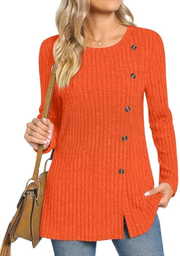 TAOHUADAO Women's Long Sleeve Jumpers Crewneck Tunic Tops with Button Sides Loose Casual Fall Sweater Shirts for Leggings