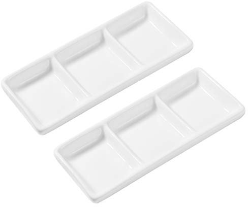 OSKOE Lot de 2 Tasses à Trempette en céramique Blanche, Plateau de Service en Porcelaine à 3 Compartiments, ramequins à Sauce à Condiments avec Compartiment carré for Bols à Trempette