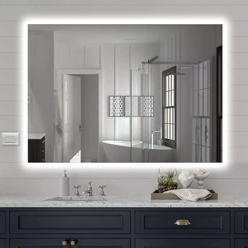 Inbagno Specchio da Parete Rettangolare 50x60 cm retroilluminato con Effetto a Cornice LED a Luce Fredda, Installazione Reversibile con Spessore 2,4 cm