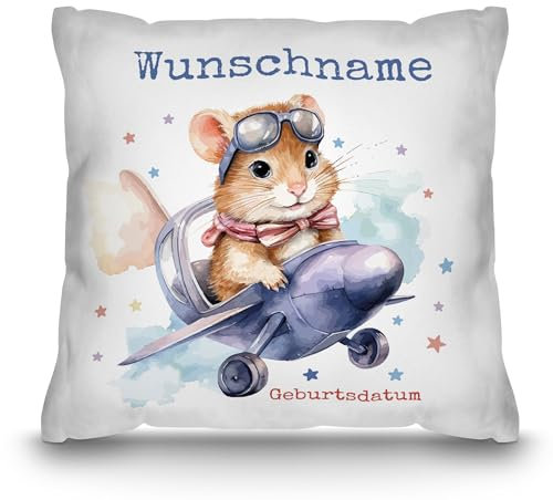 Print Royal PR Personalisiertes Kissen für Kinder mit Name und Geburtsdatum selbst gestalten - Hamster im Flugzeug - Hamster Kinderkissen mit Name | 40 x 40 cm, Weiß Polyester