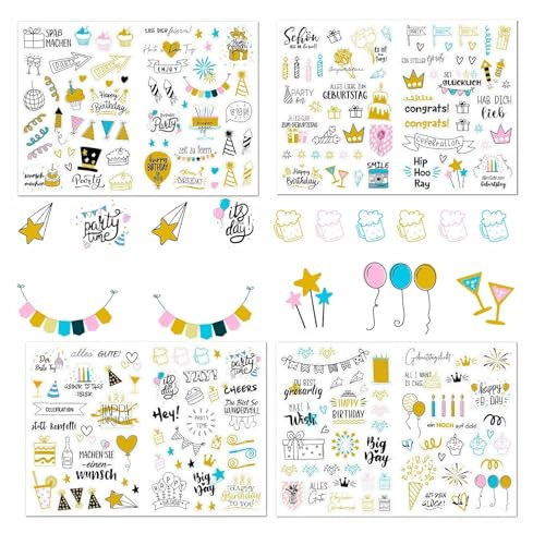 4 Stück Sticker Geburtstag,225 Motive Gästebuch Geburtstag,Birthday Sticker Set, Sticker Fotoalbum Deko,Aufkleber für Gästebuch,für Erwachsene Fotoalben, Geburtstagskarten und Geschenke