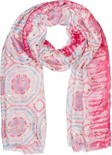 styleBREAKER Damen Schal Batik Muster mit Metallic Streifen, Leichtes Boho Style Tuch mit kurzen Fransen 01016230, Farbe:Pink-Hellblau