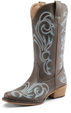 DREAM PAIRS Bottes de cowboy mi-mollet pour femme - Bout carré - Talon épais - Broderie - Bottes western