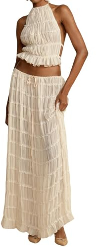 CheJooe Abito da donna sexy in 2 pezzi, set gonna lunga in pizzo con lacci, senza spalline, senza maniche, canottiera corta con pizzo, gonna svolazzante a tubino, lunga, set Y2k, abiti estivi da
