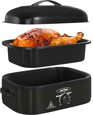 Sunvivi 14 Quart Roaster Oven, Electric Slow Cooker Roaster Oven with Self-Basting Lid, Turkey Roasters with Removable Pan and Rack, Stainless Steel, Black