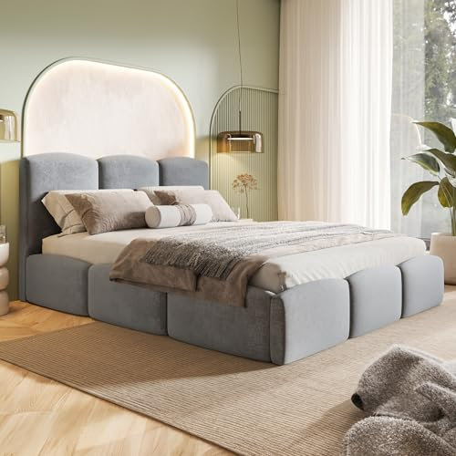 MOTIVENA Cloud Bubble Bett 140x200 Grau Samt, mit Stauraum, mit Kopfteil, mit Lattenrost, ohne Füße, ohne Matratze, Bubble Polsterbett 140x200 mit Bettkasten Grau (Hellgrau)
