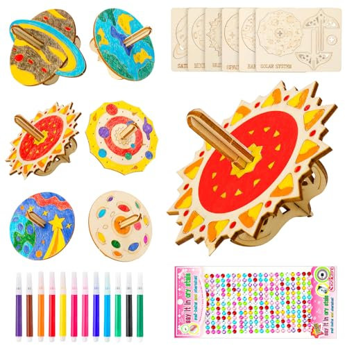 12 Stück Holz Bastelset Kinder, Kreisel Holz Bastelset zum Bemalen und Basteln Holzbastelset für Kinder Jungen Mädchen