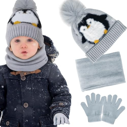Gorro Niño Invierno Termicos con Braga Cuello y Guantes para Bebe Infantil Niños Niña 1-6 Años, Punto Lana Conjunto Bufanda Gorro y Guantes Niño, Pompon Gorros con Caja Regalo y Tarjeta Felicitacion