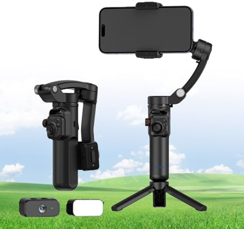 BOOZXCV Foldable Phone Gimbal, 3-Axis Anti-Shake Stabilizer with Tripod Compatible and 9 Brightness Adjustable Fill Light, Detachable Remote Control, Object/face Tracking