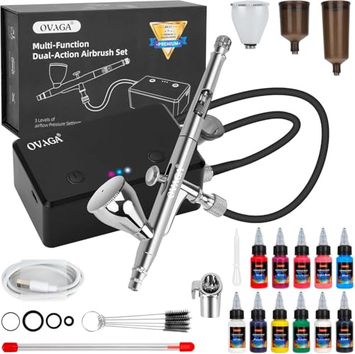 Ovaga Kit de Aerógrafo con Compresor 32 PSI, Juego de Aerógrafo Doble Acción Multifunción Recargable Portátil con Juego de 11 Pinturas para Airbrush para Pintura, Modelos, Decoración, Tartas, Uñas