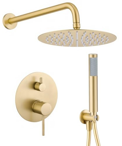VALAZ Douche encastrable or mat monocommande ronde série Cenia | Mitigeur monocommande effet pluie, installation murale facile et rapide, en acier inoxydable, rond, douchette de 20 cm