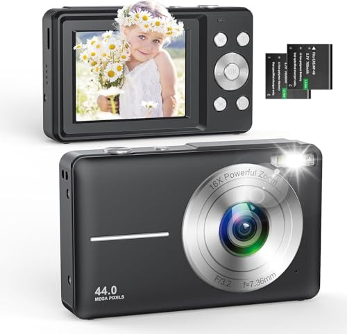Zostuic Cámara Digital 1080P 44MP, Pantalla LCD 2,4 Pulgadas, Zoom Digital 16X, Temporizador y estabilización de Imagen, cámara compacta portátil Ideal para niños y Principiantes