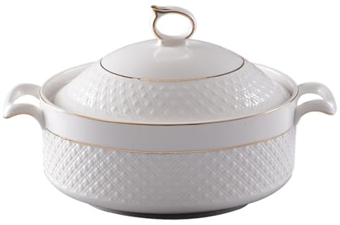 Sopera de cerámica, cuencos blancos de 1, 5 l para servir con borde dorado, sopera de doble asa con tapa y cucharón para pasta #1