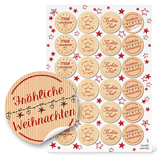 24 Weihnachtsaufkleber rot naturfarben mit Frohe Weihnachten Text 2024 selbstklebend Premium Made in Germany Logbuch-Verlag