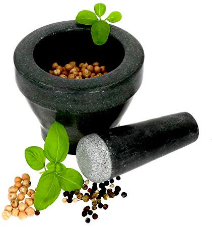 MamboCat Mörser mit Stößel aus Granit I Küchenmörser zum Zerkleinern und Zermahlen für Kräuter Gewürze & Co. I Naturstein Mörser und Pistill I Stein Mörser mit Schlegel Ø 11,8cm schwarz
