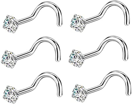 FANSING Nose Rings Surgical Steel Nose Studs Screw Shaped Nose Rings for Women Men Corkscrew Nostril Piercing Studs with Cubic Zirconia End Silver 3mm 18 Gauge