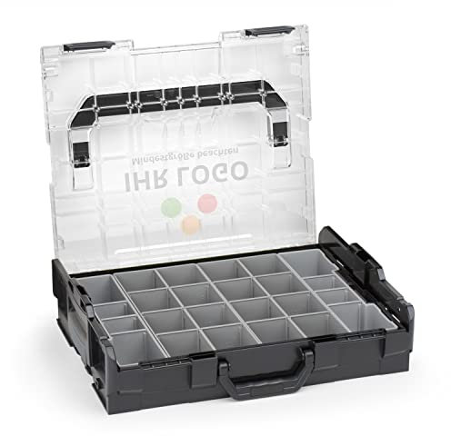 Sortimo L-BOXX 102 Schwarz mit transparentem Deckel individuell anpassbar mit Ihrem Logo | Insetboxen-Set K3 | Sortierbox Kleinteile | Ideale Schraubenbox | Aufbewahrung Werkzeugkoffer LBOXX