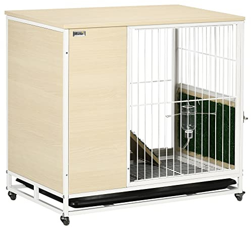 PawHut Gabbia per Conigli con Serbatoio d'Acqua e Vassoio Estraibile, Tavolino da Salotto color Rovere in Truciolato, Acciaio e PVC, 78x52.5x76.5 cm