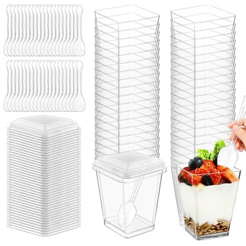 40PCS Mini Dessert Cups with Lids and Spoons Plastic Dessert Cups 150ml/5oz | Reusable BPA-free Plastic Cups with Lids Square Dessert Bowl Clear Dessert Pots Cheesecake for Pudding Mousse Ice Cream Fruit