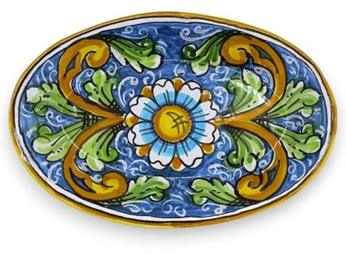 SICILIA BEDDA CAPACI Vassoio Ovale Caltagirone, Piatto da Portata - con 2 opzioni Dimensione (1Unità) Fondo Blu, Barocco e Fiore - Misura Piccola