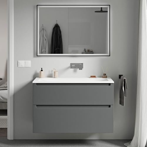 BERNSTEIN Badmöbel-Set Vireo, Waschtisch-Unterschrank mit Mineralguss-Waschbecken 100cm in Anthrazit matt - Cream - Weiß matt Ohne Hahnloch - 2 Schubladen, Badmöbel, 5 Jahre Garantie