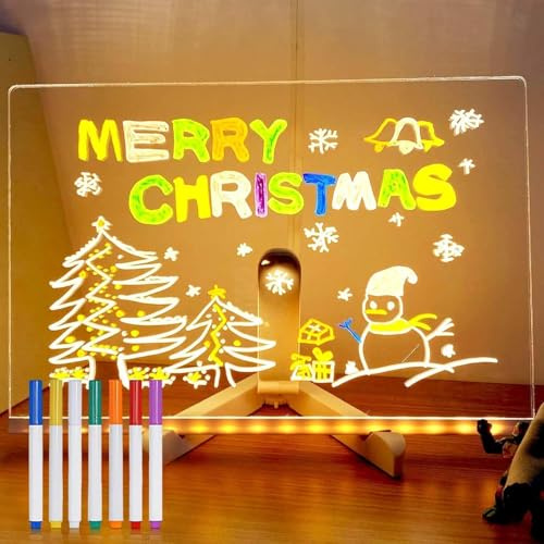 Bacheca pour messages en acrylique LED avec couleurs - Tableau lumineux pour dessin et notes avec support réglable et 7 stylos - Pour la maison, le bureau, Noël