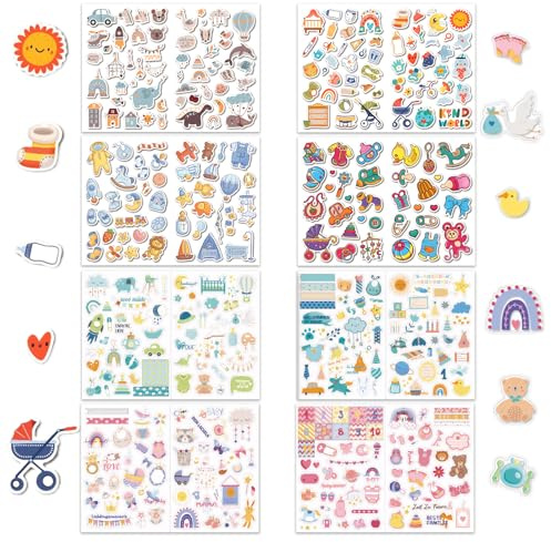400 Stück Stickers Babyalbum Sticker 8Blatt Baby Sticker Fotoalbum, Selbstklebend Babyalbum Sticker, Dekorativ Aufkleber für Kinder und Baby Fotoalben,für Babyparty-Dekoration Geschenk Album Notizbuch