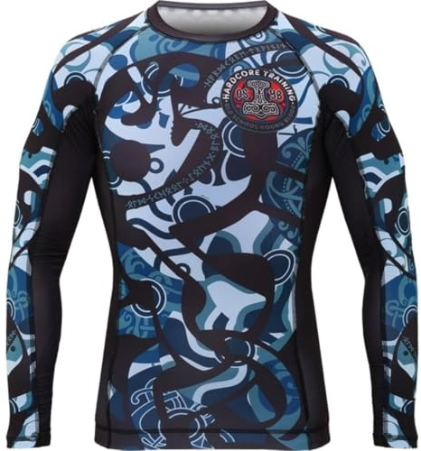 Hardcore Training Men's Rash Guard Compression Long Sleeve Kompression Lång Arm Herr Män Jiu Jitsu MMA No-Gi Tight BJJ (DE/NL/SE/PL, Alfa, M, Regelbunden, Regelbunden, Light Blue/Blue)