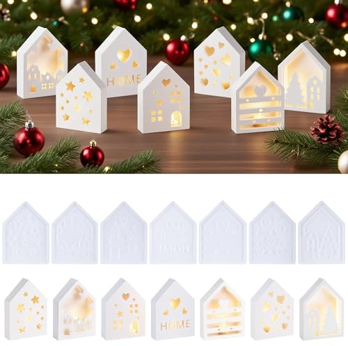 MICHIHOMIE 8 Stück Silikonformen Gießformen Haus, 3D Gießformen Silikon Häuser, DIY Weihnachten Deko Silikonform, Kerzenhalter für Heimdekoration