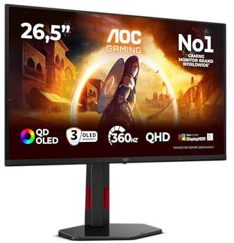 AOC Q27G4SDR 27 Zoll WQHD USB Hub Gaming Monitor, 360Hz, QD-OLED Panel, 0.03ms GtG, HDR400 TrueBlack, G-Sync Compatible, Höhenverstellung,(2560x1440 HDMI 2X 2.1 DP 1x 1.4) Schwarz