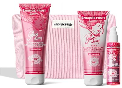 ENERGIE FRUIT - Coffret Cadeaux Routine Gloss Brillance Intense - Cheveux Ternes En Manque d'Eclat - Trois Produits Shampooing, Masque & Démêlant et Sérum Gloss Protecteur - Trousse offerte