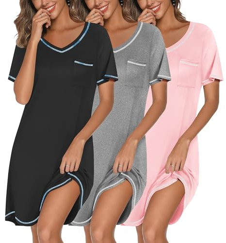 Ekouaer 3 Pack Nightgowns for Women Short Sleeve Sleep Shirts T Shirt Night Gown V Neck Nightshirts Soft Sleepwear Dress