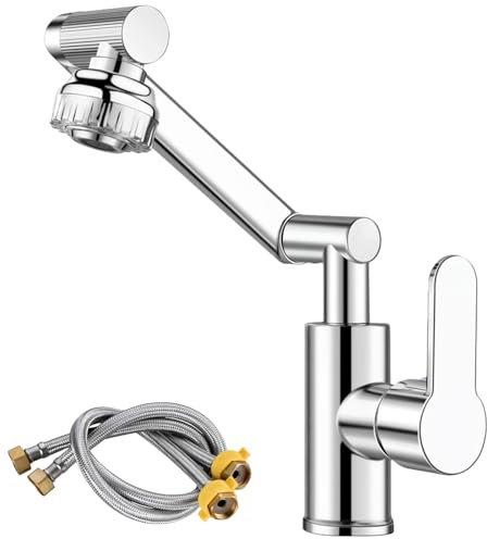 Robinet de salle de bain rotatif à 360 ° avec tuyau de raccordement de 60 cm, modes de sortie d'eau froide et chaude (argenté)