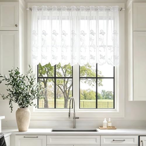 Ufdeoton 4 stycken fönstergardiner, 130 x 45 cm bistrogardiner, vit, halvtransparent broderi, fönstergardiner, moderna korta köksgardiner