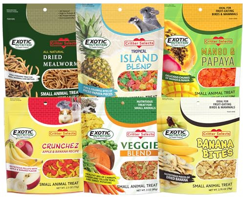 Treat Assortment 6 Pack - Pet Treat with Mix of Dried Fruits, Dried Insects, & Other Crunchies - For Sugar Gliders, Hedgehogs, Squirrels, Rabbits, Marmosets, Rats, Hamsters - Sample Variety