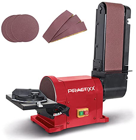 Practixx Band- und Tellerschleifer PX-BTS-450 Bandschleifer | 450W Leistung | 2980 min-1 | 150mm Ø Schleifteller | Bandlänge 915mm | mit Aluminium-Tisch & Queranschlag | inkl. 6-teiliges Schleifpapier