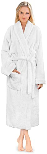 PAVILIA Premium Womens Plush Soft Robe Fluffy, Warm, Fleece Sherpa Shaggy Bathrobe (L/XL, White)