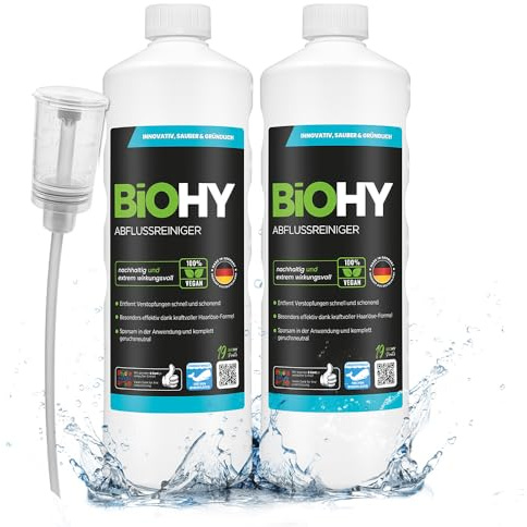 BiOHY Abflussreiniger (2 x 1 liter) + Dosierer | mit spezieller Haarweg-Formel | Bio Konzentrat für Küche & Bad | entfernt selbst hartnäckigste Verstopfungen | ohne ätzende Dämpfe & Gerüche