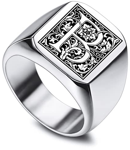 INBLUE Benutzerdefinierte gravierte Initiale Monogram Signet Ring für Männer Frauen Jungen Herren Ringe Edelstahl, Bündel mit Ringgrößeneinstellern