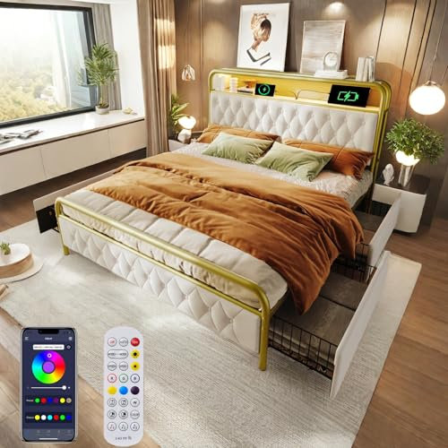 Bett 180x200 mit LED und USB Type C und APP-Control, Polsterbett 180x200cm mit 4 Schubladen und Kopfteil, Doppelbett mit Lattenrost, Stauraumbett Jugendbett Metallbett Bettgestell aus Samt -Weiß