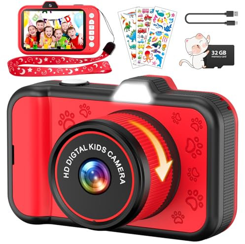 Appareil Photo Enfant, Ushining 3,5 Pouces Grand Écran 1080P Appareil Photo Numérique Enfant avec Objectif Zoom Rotatif à 360° Flash LED Carte de 32 Go, Caméra Vidéo Cadeau pour Enfants 3 à 12 Ans